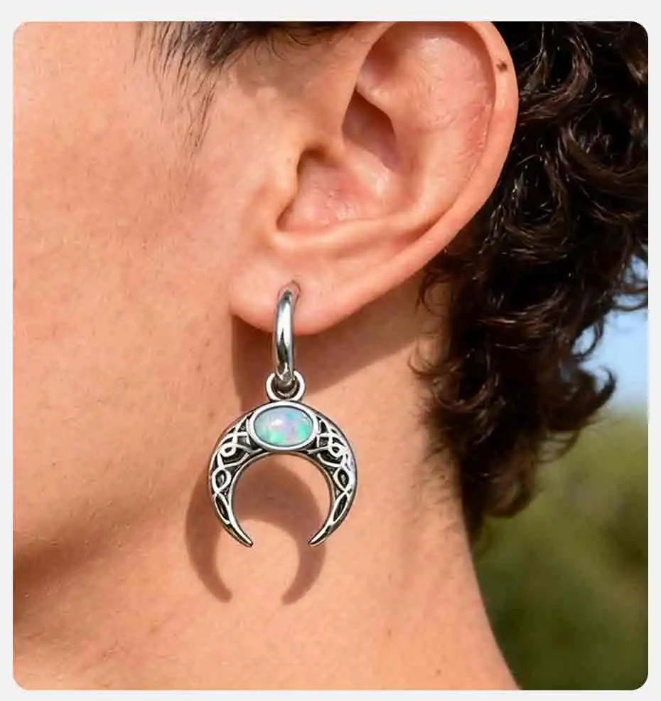 Vnox Vintage-Creolen aus Edelstahl für Männer und Frauen, Unisex-Retro-Naturstein-Mond-Anhänger, modischer Unisex-Schmuck – Detail 5