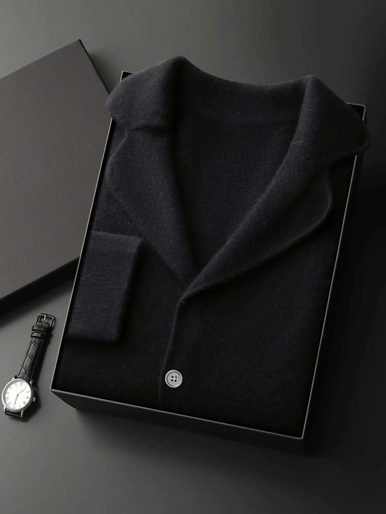 2024 Men's 100% Cashmere Sweater Suit Collar Smart Casual Cardigan Autumn Winter Thick Soft Cashmere Knitwear Sweater Coat 3