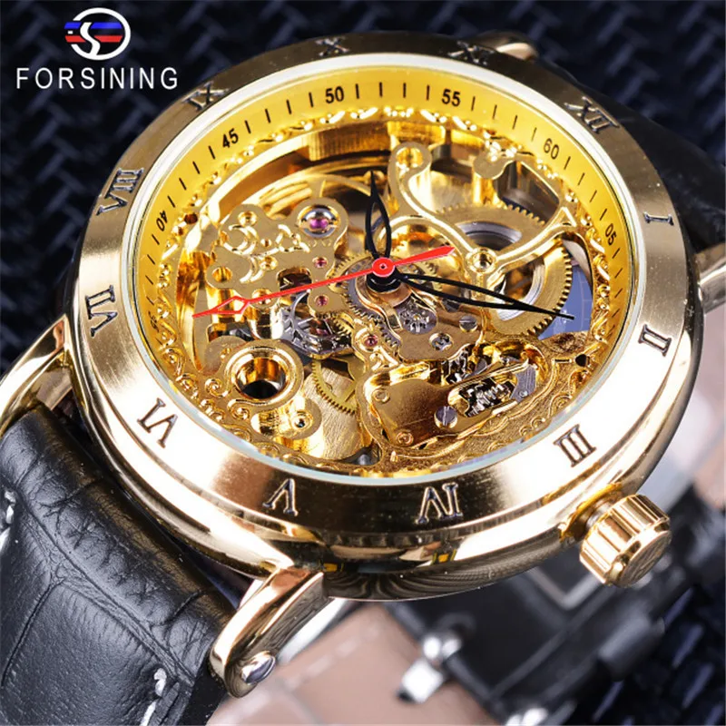 Fashion Forsining Top Brand Men's Luxury Golden Hollow Out