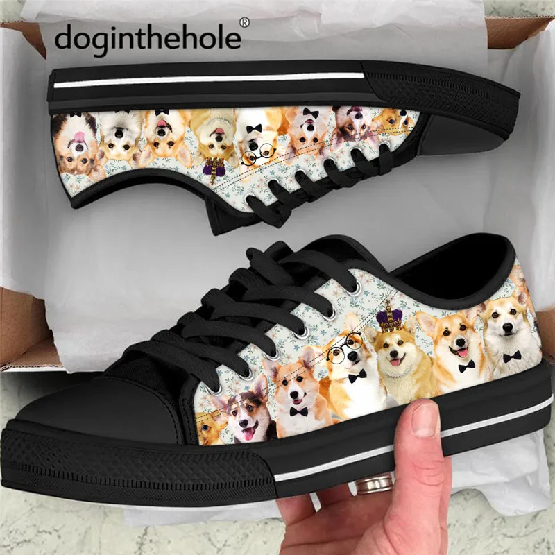 Women White Classic Canvas Shoes Cute Corgi Pattern Casual Flats All-match  Autumn Girl Low Top Sneakers
