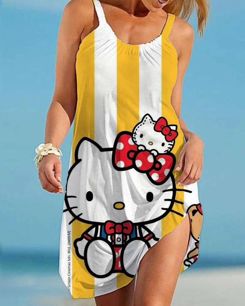 

New Hello Kitty sexy beach skirt 3D print cartoon women's sleeveless dress Hawaiian retro beach skirt girls' suspender pajamas