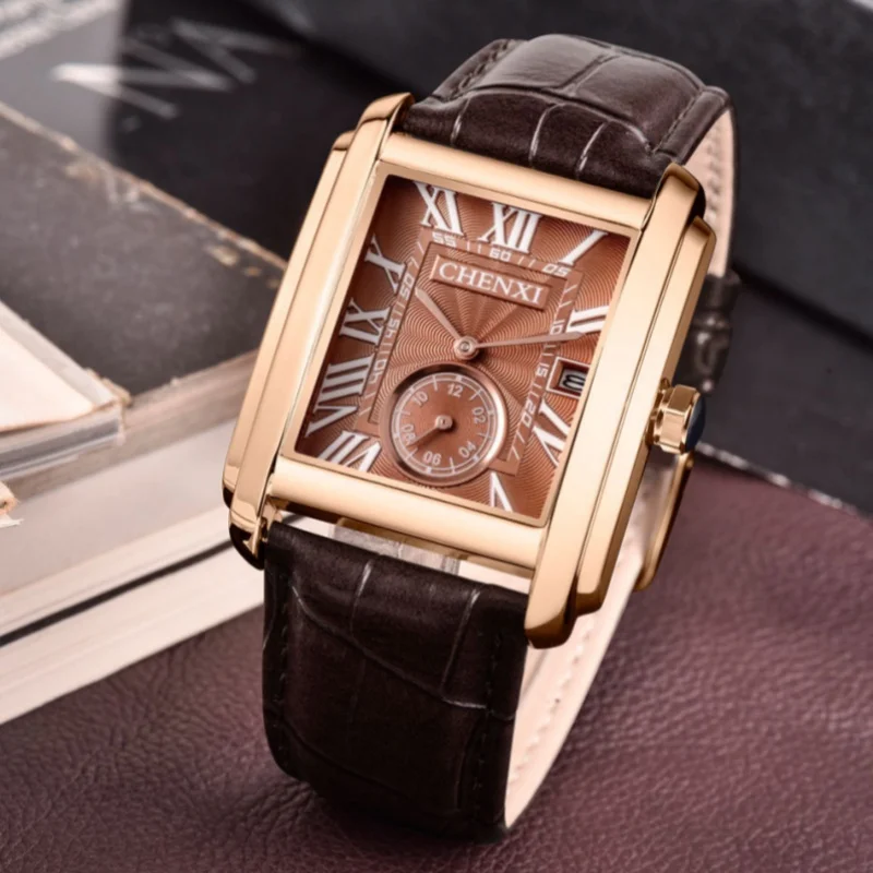 CHENXI 8216 Casual Quartz Watches for Men Classic Square Dial Waterproof Leather Strap Simple Calendar Business Men's Wristwatch 2