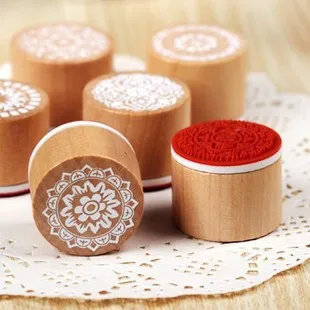 6pcs Wood Rubber Stamps Lace Round Wooden Stamp DIY Craft Scrapbooking Stamping Birthday Party Wedding Christmas Decoration