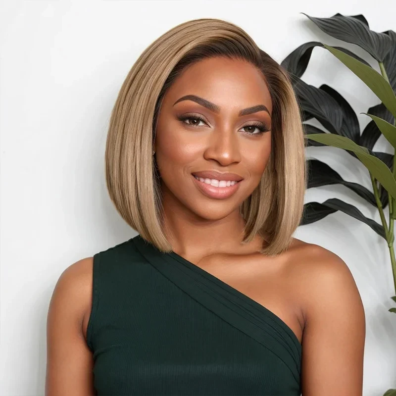 Women Human Hair Wig Light Ombred Brown Honey Blonde HD Lace Frontal Wigs Glueless Pre Plucked 13x4 Bob Straight Wig Small Mediu