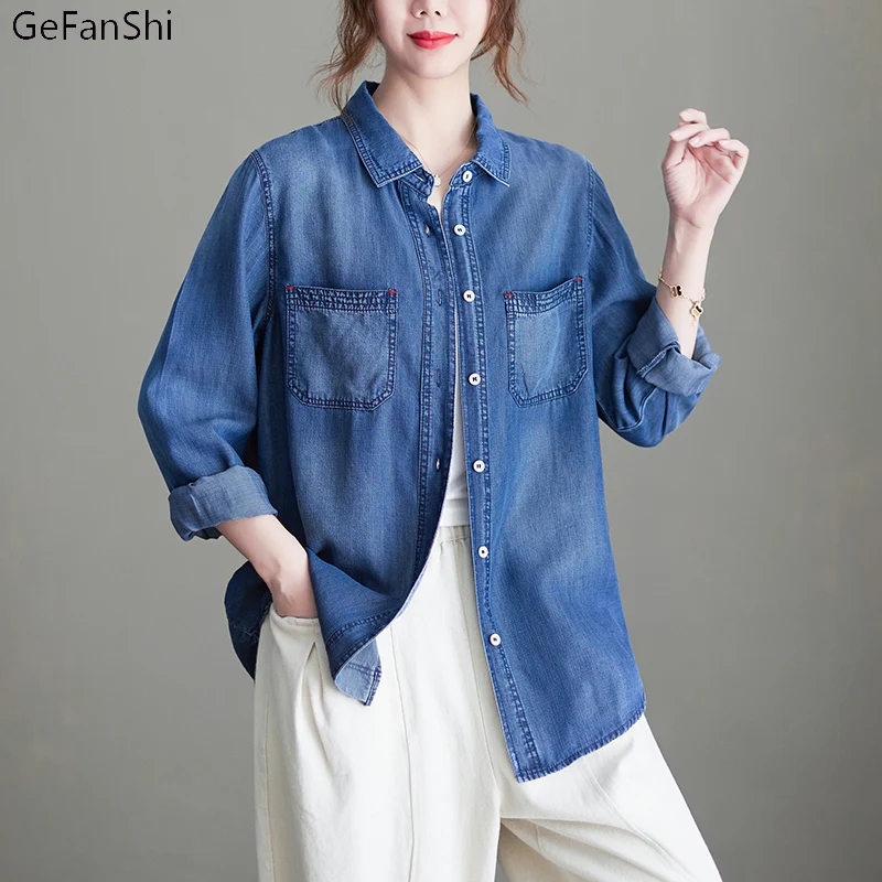 

Spring Summer New Arrival Denim Solid Buttons Blouse Shirt Long Sleeve Office Lady Woman Casual Loose Blouses Tops Blusas