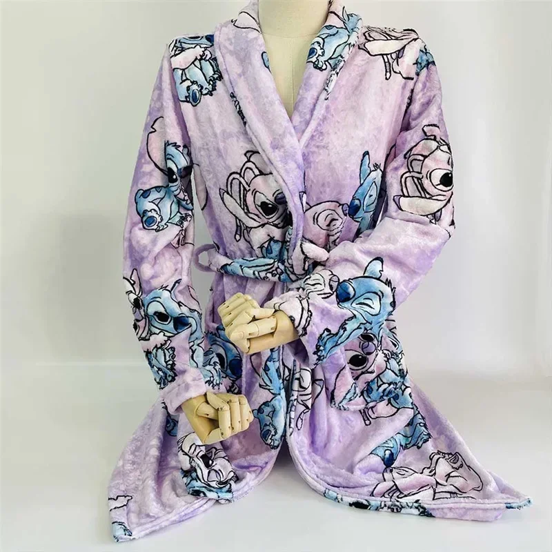 

Stitch Bathrobe Fashion Women's Bathrobe Cartoon Homewear Warm Flannel Nightgown Soft Robe Pajama Belt Jacket