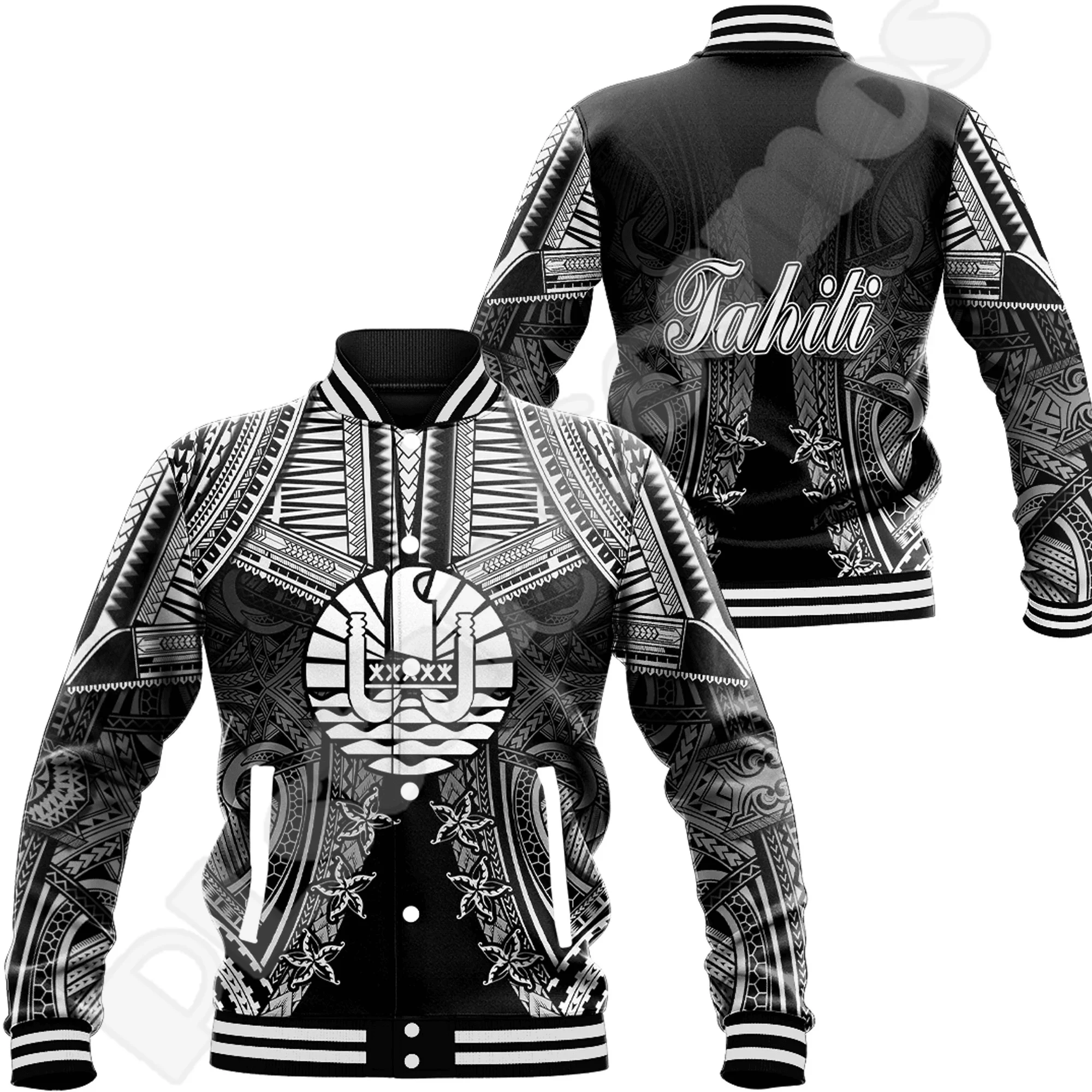 Polynesia Culture Island Country Tahiti Tonga Tribal Tattoo 3DPrint Harajuku Overcoat Streetwear Winter Button Baseball Jacket G