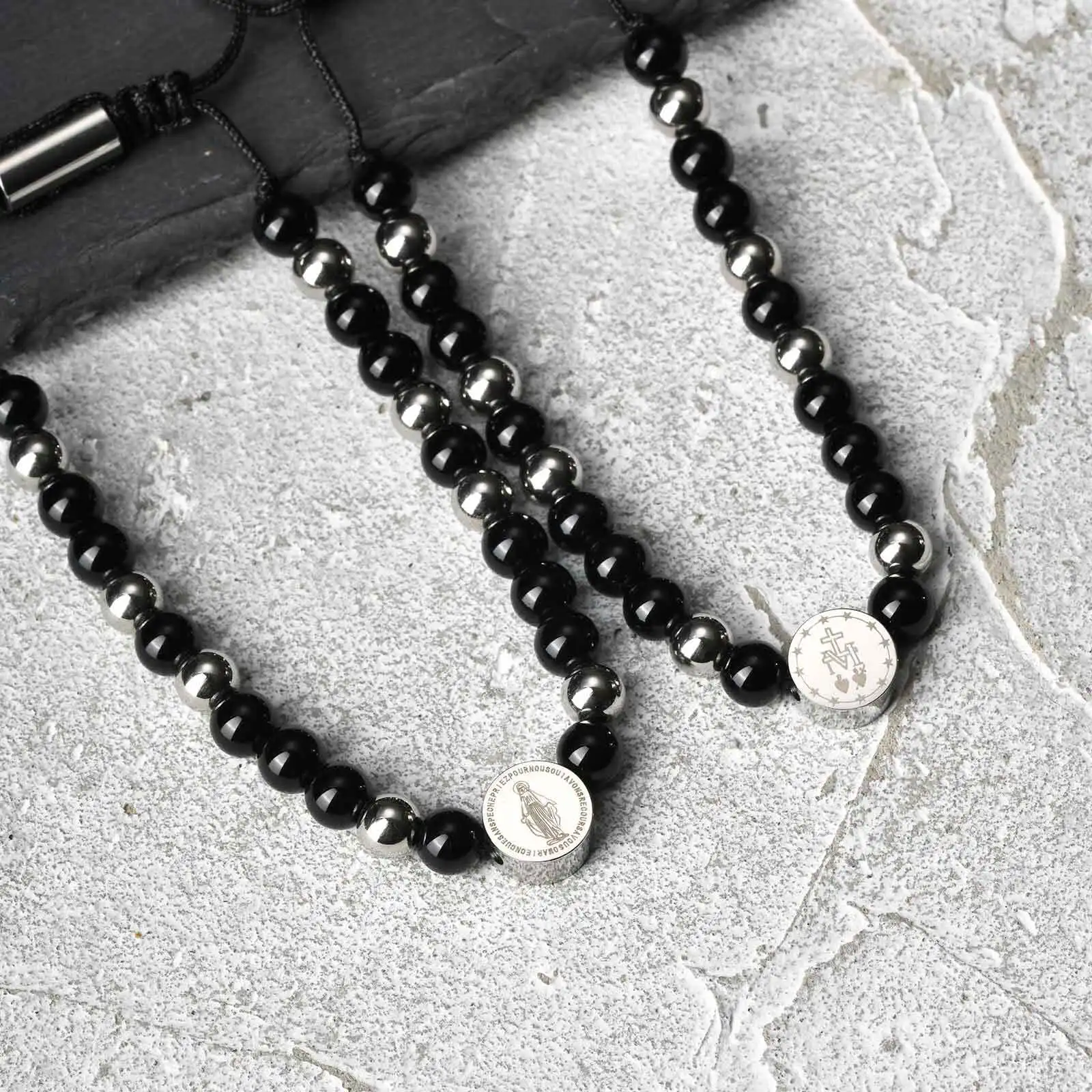 Virgin Mary Beaded Bracelets for Men Boys,Waterproof Stainless Steel Round Charms Wristband,Religious Prayer Jewelry Gift