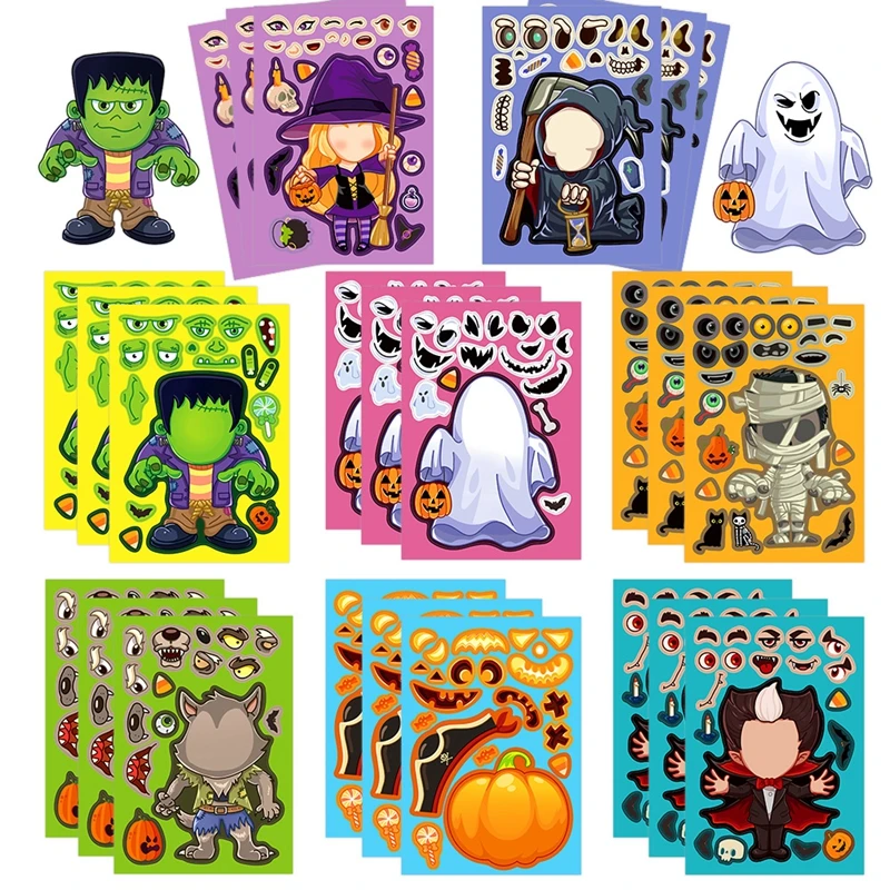 8/16 Blatt Halloween Make a Face Puzzle Aufkleber Kinder Partybevorzugungen Geschenk Spielzeug DIY Kürbis Geist Montieren Puzzle Lernspiel