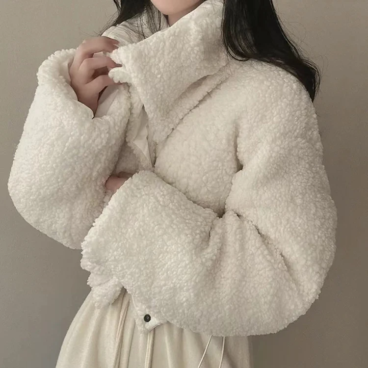Stand Collar Drawstring Parkas Thicked Outerwears Lambswool Ropa Mujer 2025 Woman Casaco Autumn Winter Single Breasted Jacket