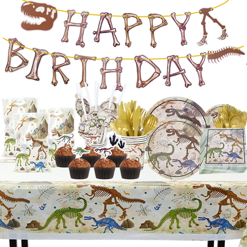 

Dinosaur Fossil Disposable Cutlery Birthday Hawaii Themed Party Decoration Banner Straw Napkins Plate Mugs Jungle Party Supplies