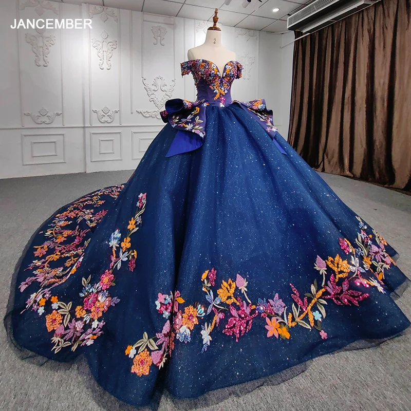 Quinceanera Dresses Ball Gown Crystal Vestidos De 15 Años Flowers Blue Sequined V-neck Beading Evening Party Dress 2022 1