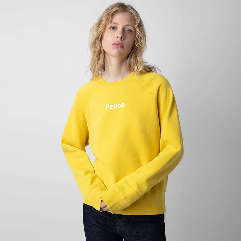 

23 Early Autumn New French Niche ZV Classic with Rotator Sleeve Letters Printed Yellow Round Neck Women's Sweater