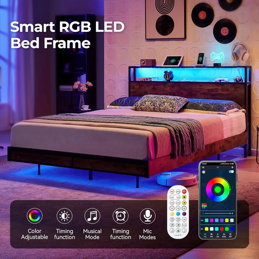 Bed Fram, Queen Size Bed Frame with 2-Tier Storage Headboard, Metal Industrial Style Platform Bed Frame with Charging Station 4