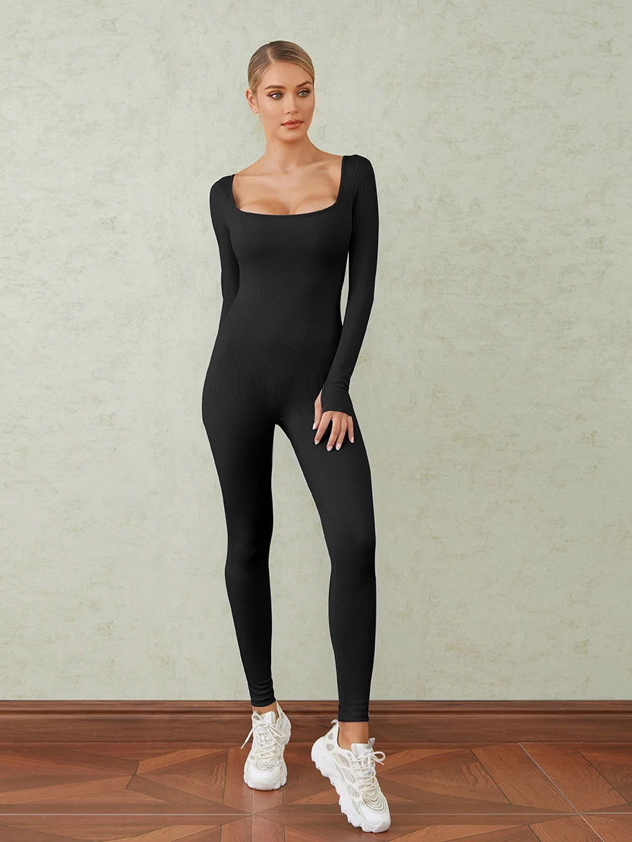 

Women Ribbed Knit Yoga Jumpsuits Bodycon Sexy Long Sleeve Square Neck Romper Jumpsuit Workout Unitard Playsuit