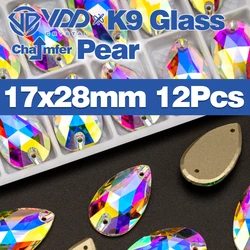 Premium K9 Glass Sew-On Rhinestones - Top Quality Crystal AB Flatback Stones for Clothing and Wedding Accessories (Pear 17x28mm-12Pcs)