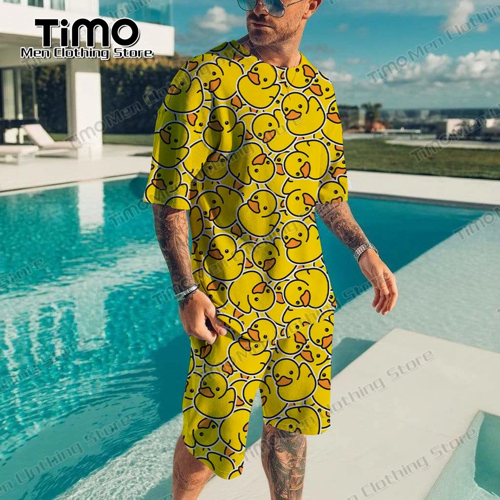 Summer Men's T-shirt Set Little Yellow Duck 3D Printed T-shirt Shorts 2 Piece Set Beach Fashion Casual Oversize Men Tracksuit