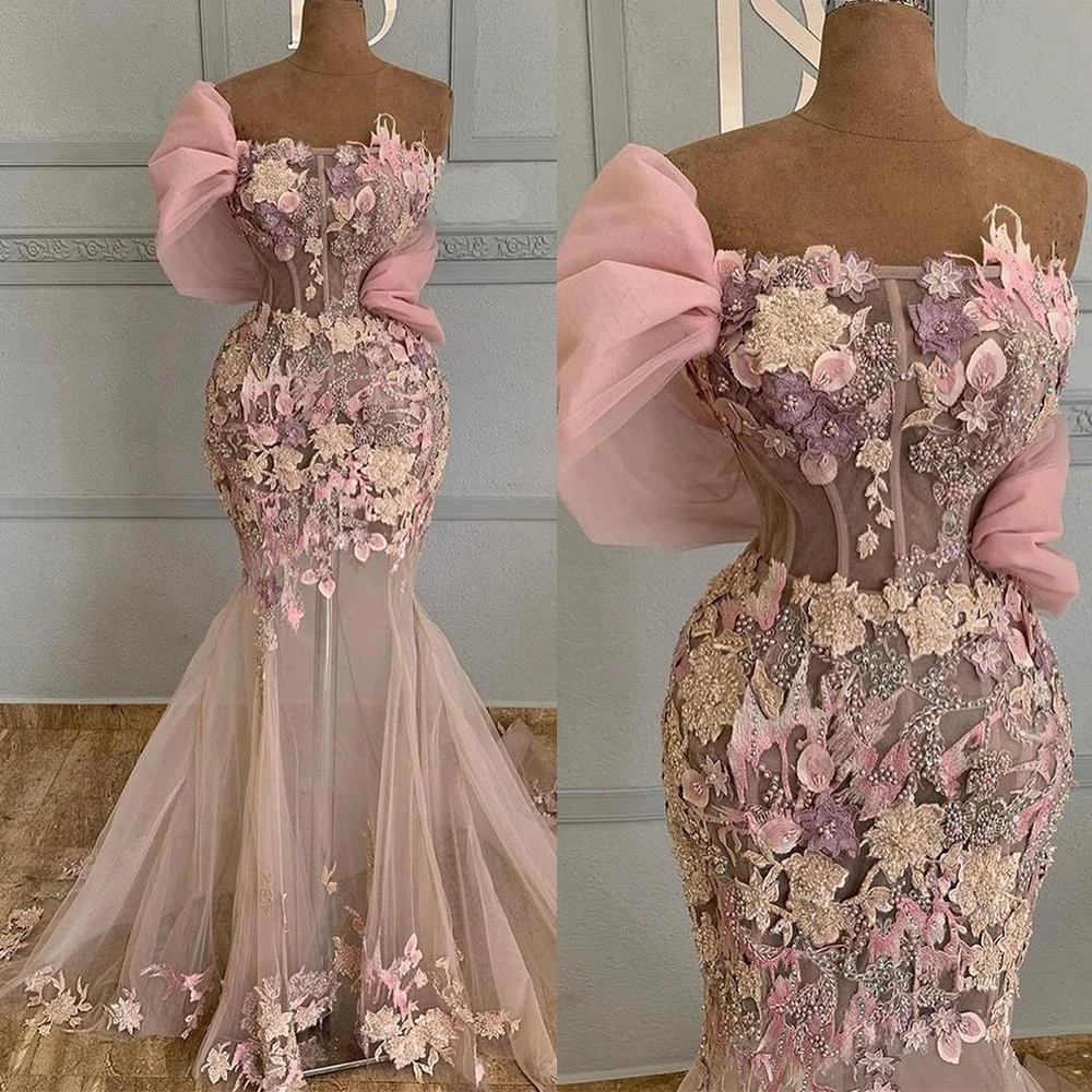 party gown Modern 3D Floral Flowers Mermaid Formal Evening Dresses 2022 Strapless Custom Made Sweep Train Prom Party Gowns Robe De Soiree long evening dress