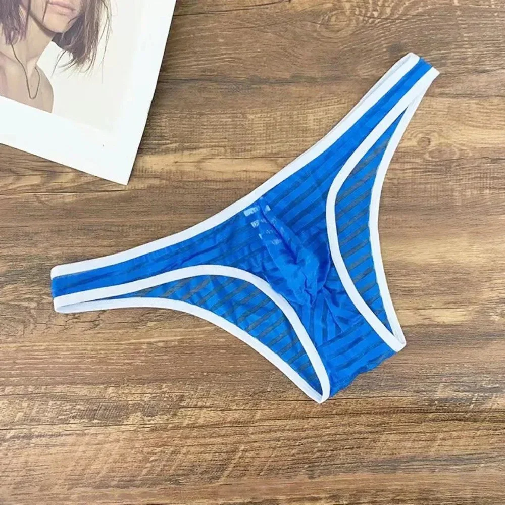 Sheer Mesh Briefs Men U Convex Underwear Transparent Striped Sexy Male Underpants Plus Size S-XL