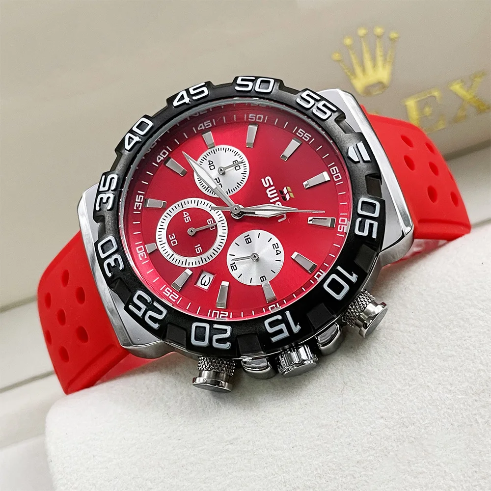 SWISH Waterproof Red Chronograph Watch for Male Sport Wristwatch Military Clock 24 Hours Rubber Strap Relogio Masculino Quartz