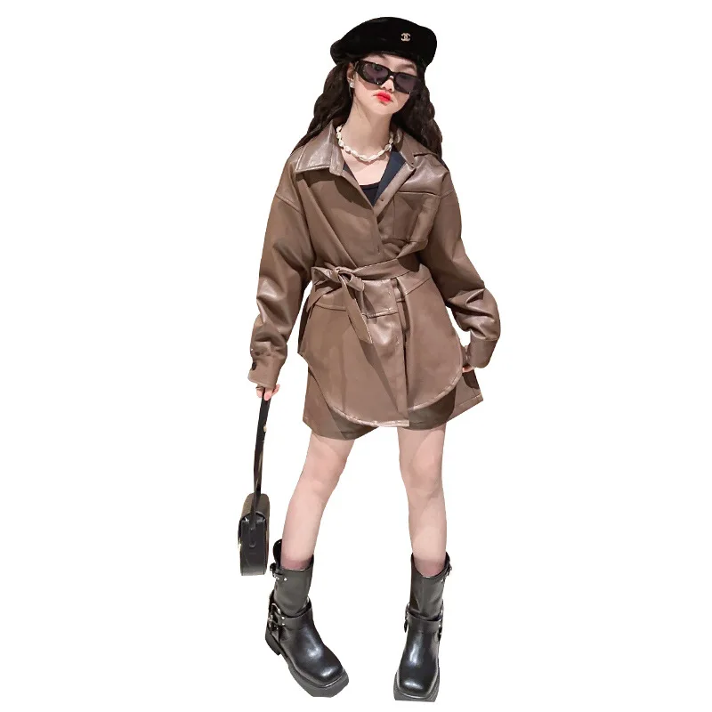 

Girls' Leather Set Autumn 2023 New Children's and Girls' Set Leather Jacket Khaki Suit Coat 7-12 Years Old