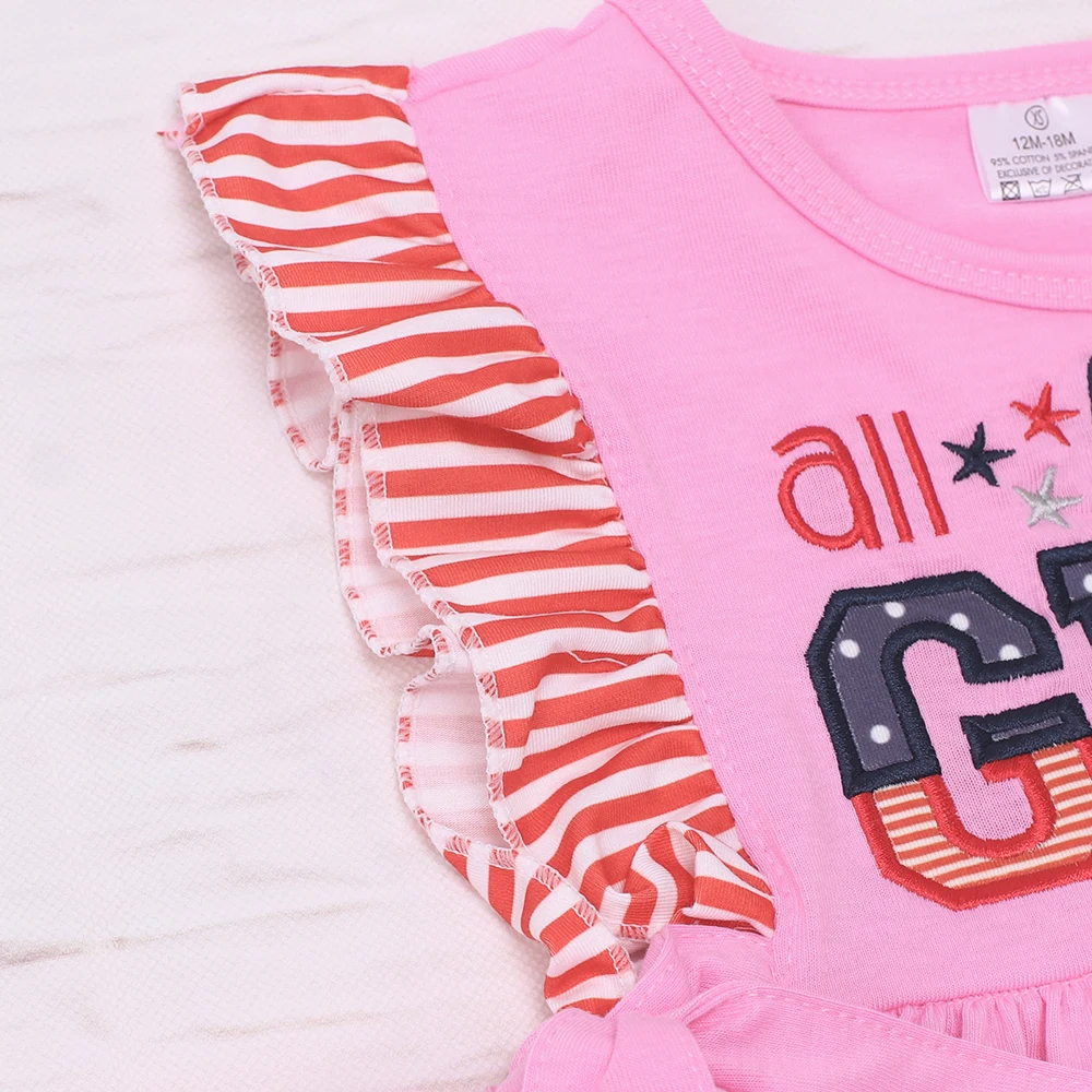 2023 New Design Summer Kids Girls Dress Pink American Girl Embroidery  T-shirts Suit July 4th Shorts Outfits For 1-8T Baby