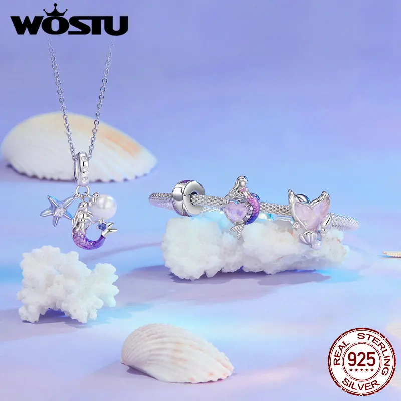 WOSTU 925 Sterling Silver Enamel Mermaid Charm Transparent Purple Fish Tail with Pearl Fit DIY Bracelet Gift for Mother's Day