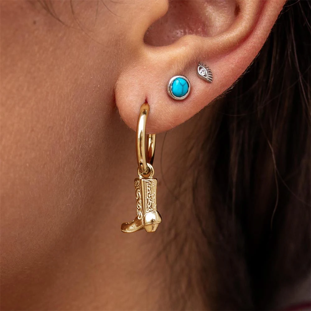 Stainless Steel Cowboy Boot Pendant Shoe Shape Dangle Earrings for Women Gold Plated Geometric Cool Cowgirl Ear Hoops Jewelry