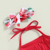 VISgogo Toddler Girls Swimsuits Bikini Set Solid Color Tassel Tops Strawberry Flower Shorts Headband Swimwear Bathing Beachwear 3