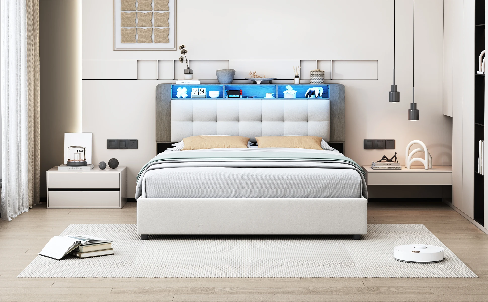 Lazyspace Polsterbett 140 x 200 cm, Doppelbett mit Stauraum und Lattenrost, LED-Kopfteil mit USB-Aufladung, Jugendbett – Detail 8