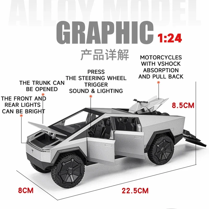 Alloy Model Car 1:24 Diecast Miniature Metal Pickup Vehicle Chidlren Birthday Collected Gift Van Truck Cybertruck Boys Toy 2