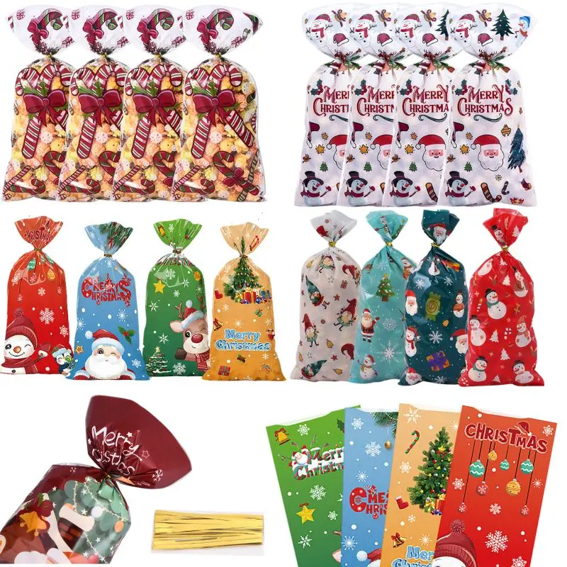 

50pcs Merry Christmas Plastic Candy Bags xmas Cookies Gifts Packing bags 2023 Cristmas Decorations Xmas New Year Party Supplies