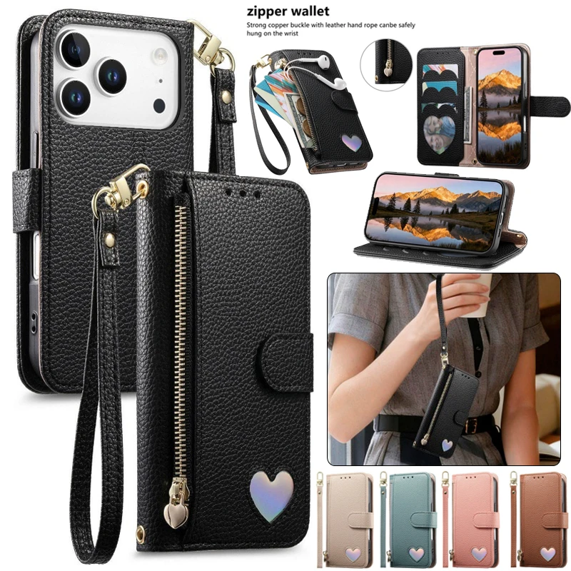 Luxurious Leather Zipper Wallet Phone Case with Wrist Strap and Card Holder