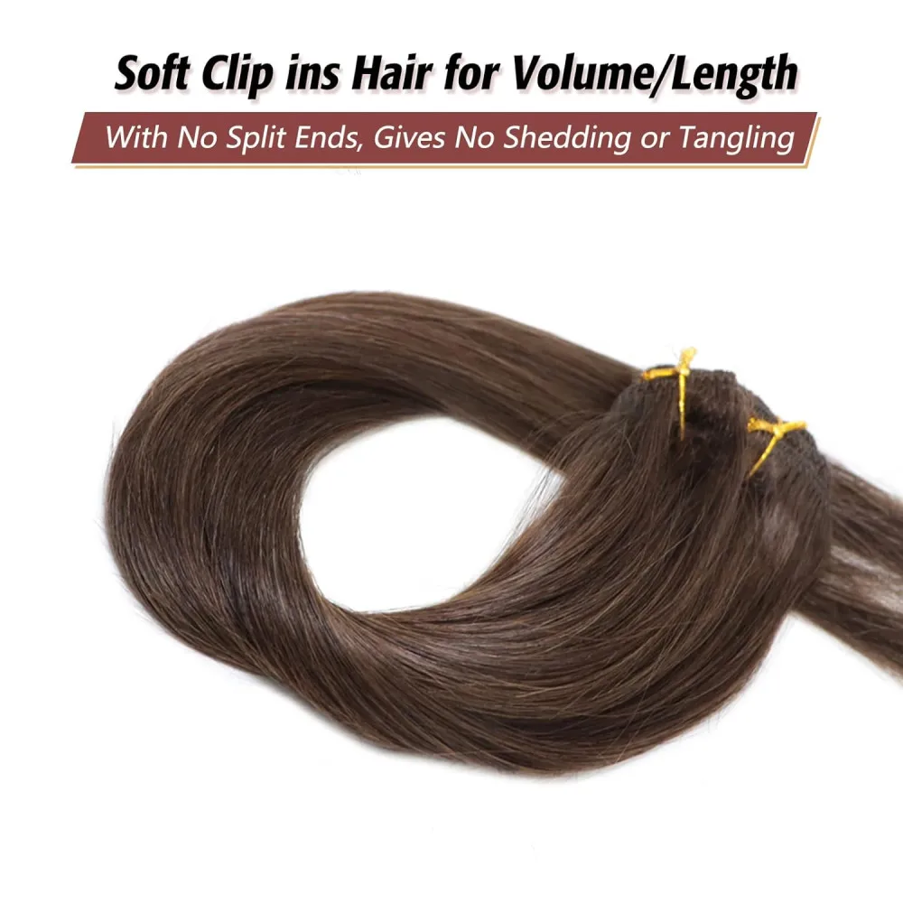 Clip In Hair Extension Straight Brown Color #2 Brazilian Clip In Hair Extension Human 16-26 Inches Full Head Seamless 120G