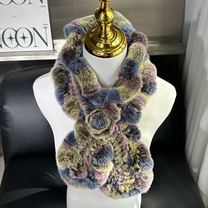 Doppelseitig gestrickter echter Rex-Kaninchenfell-Schal für Damen, handgefertigt, gerüscht, für den Winter, warm, modisch, flauschiger Wickel – Detail 12