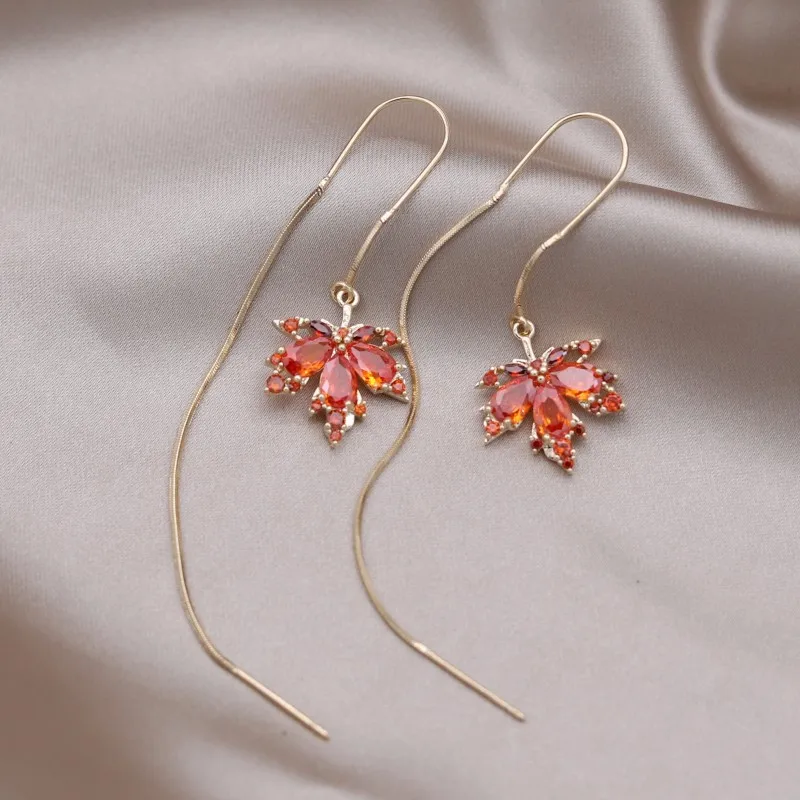 Korea Fashion Jewelry Orange Zircon Maple Leaf Pendant Earrings Necklace Women's Party Accessories jewelry sets jewelry set