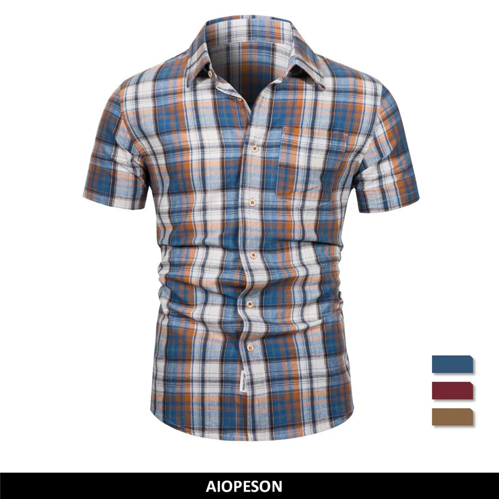 Men 100% Cotton Short Sleeve Plaid Shirt Summer Casual Social Business