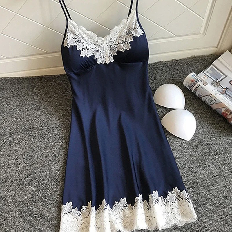 Women Lingerie Women Lingerie Set Women Nightgowns Women Nightdresses Sleeping Dress Women's Sexy Lingerie Summer Silk Night Gown Lace Patchwork Mini Night Dress Spaghetti Strap NO Chest Pad Sleepwear For Ladies