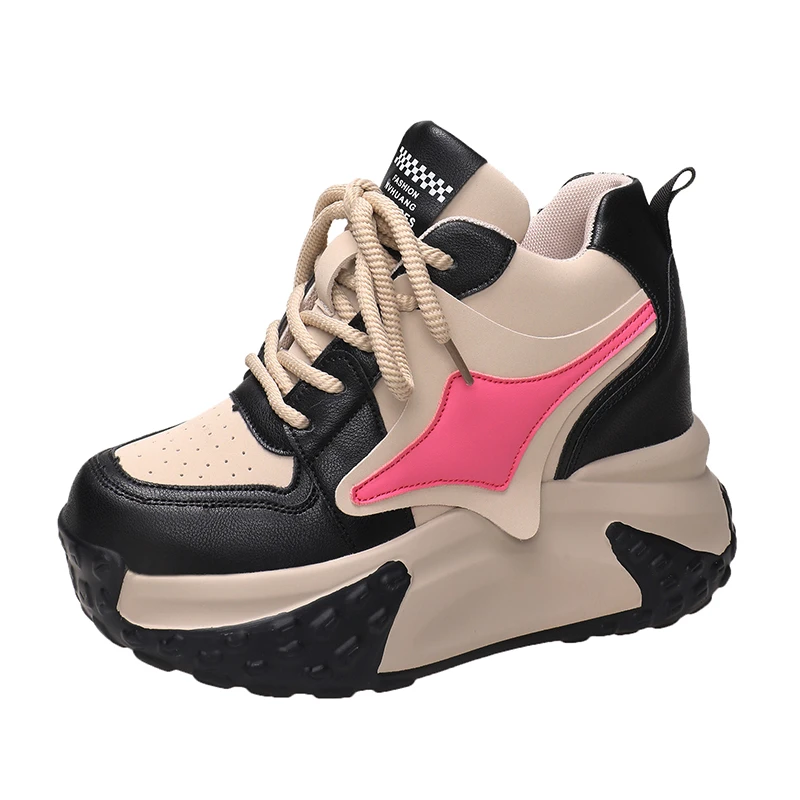 Women High Platform Sneakers 2023 New Autumn Breathable Chunky Dad Casual Shoes 10CM Thick Sole Trainers Leather Sneakers Woman