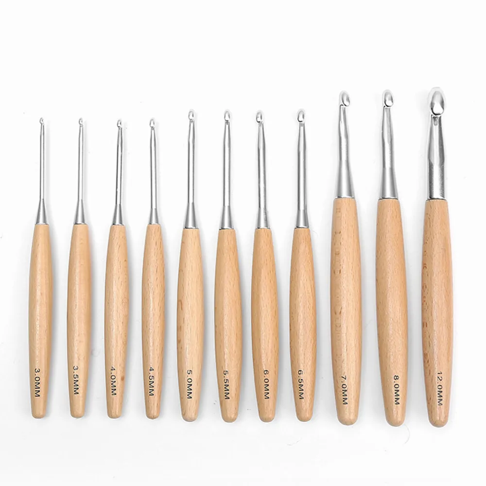 Description Picture 2 of item3-12mm Solid Wood Handle Crochet Knitting Needles Hooks Handmade DIY Sewing Accessories Wool Crocheting Lace Weave Craft Needle