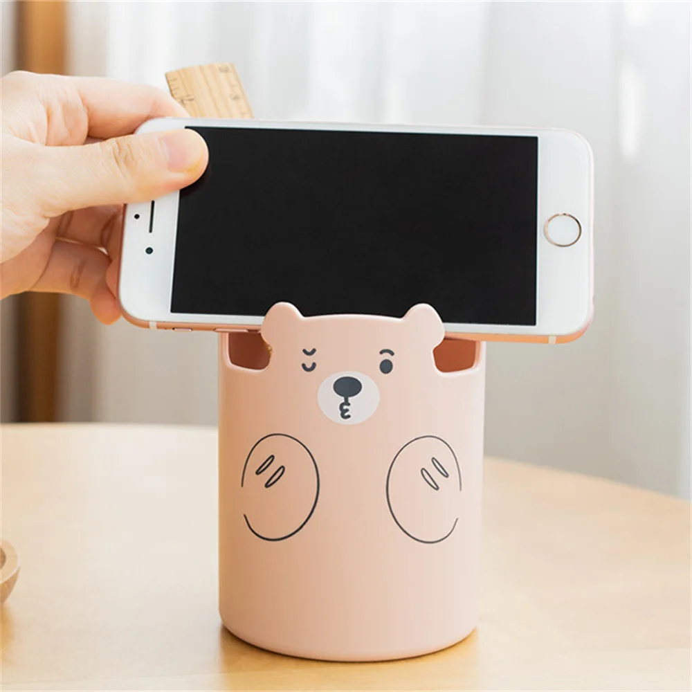 Cute Bear Pencil Holder Plastic Makeup Brush Holder Desktop Organizer Storage Box Pen Pot Phone Kawaii Stationery Contain makeup organizer,pen holder,desk organizer,pen and brush holder,brush holder,pencil holder tool