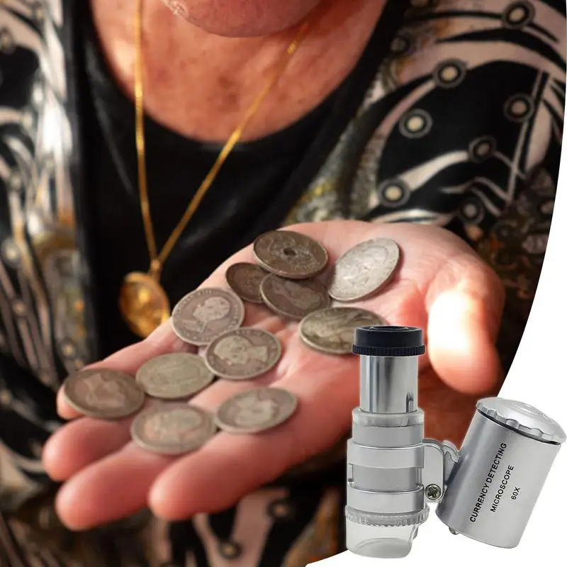 60X Portable Mini Pocket Microscope Handheld Magnifying Glass Loupe UV Light Currency Detector Jeweler Magnifier With LED Light 5