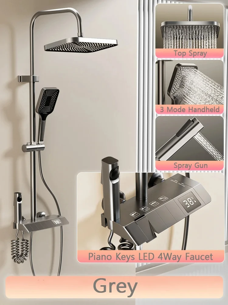 Piano key shower system bathroom shower set gun ash bathtub hot and cold shower faucet LED digital copper faucet shower set 6