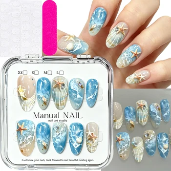10pcs Ocean Wave Beach Press On Nails 3D Seashells, Starfish, Conch Desin Summer False Nails M/S/XS Almond Wearable Fake NailTip