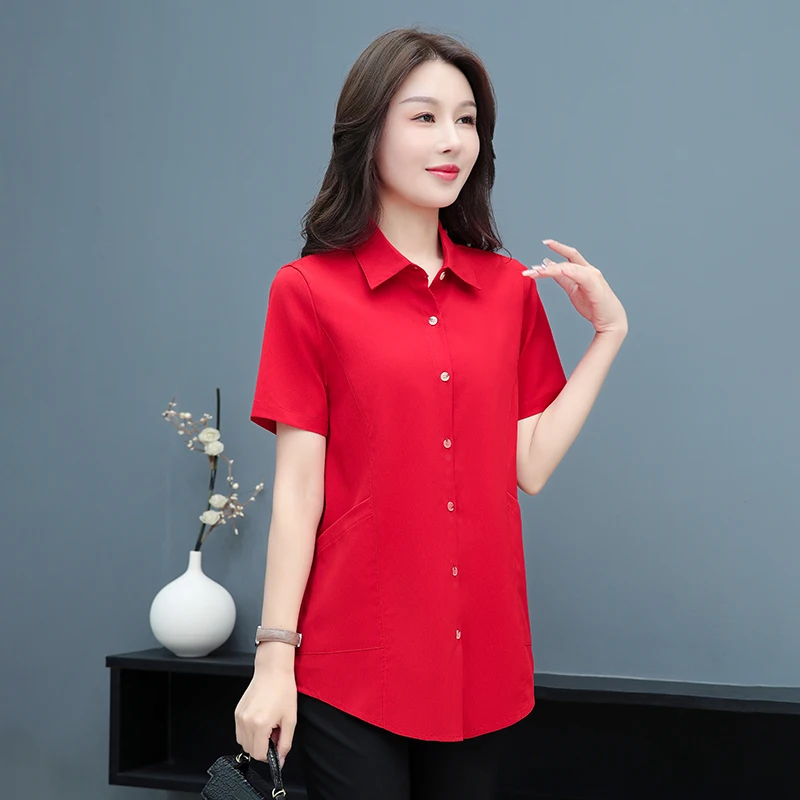 New Women'S Loose Pocket Short Sleeved Top Middle-Aged Mothers Summer Fashion Versatile Medium To Long Length Chiffon Shirt Lady