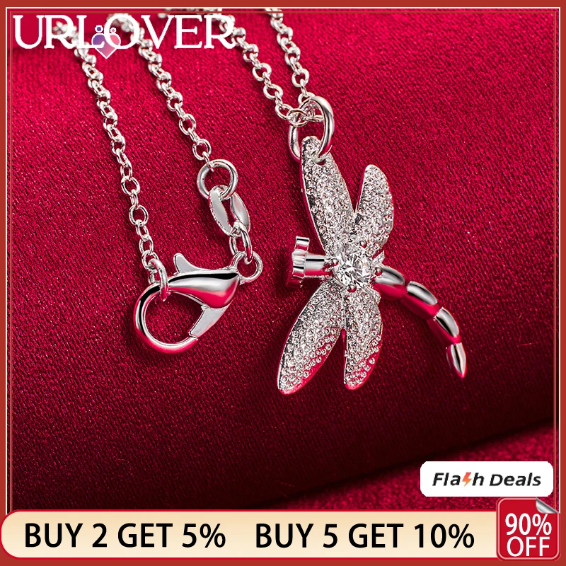 

URLOVER 925 Sterling Silver AAA Zircon Dragonfly Pendant Necklace For Women Wedding Party Fashion Charm Jewelry 40cm-75cm Chain