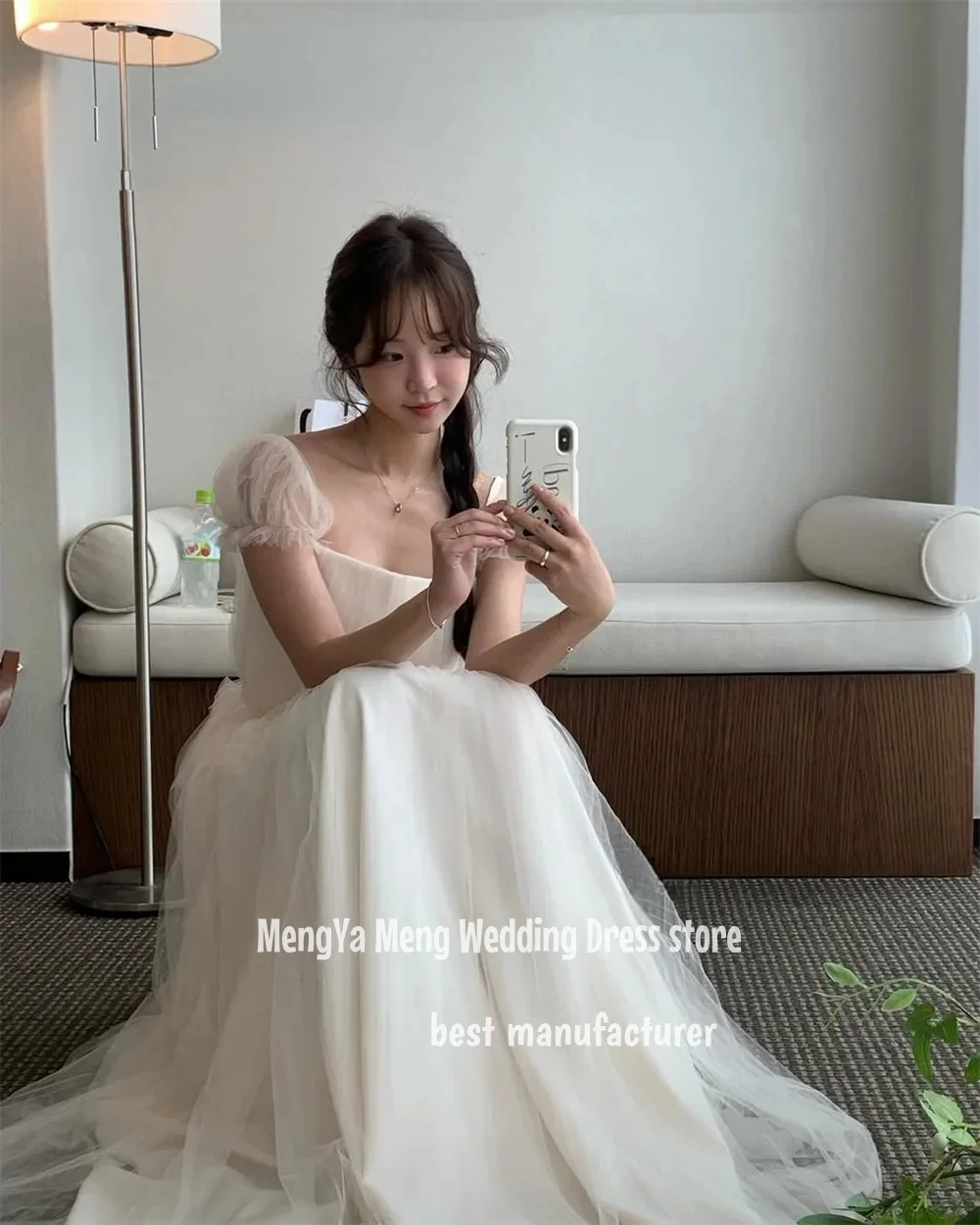 ZHUISHU Simple Square Collar A Line Tulle Wedding Dresses Korea Photoshoot Short Sleeves Floor Length Bridal Gowns Customised