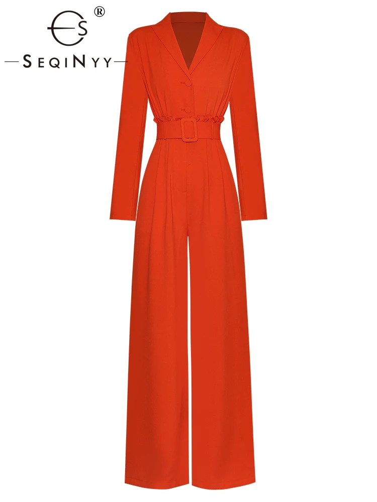 

SEQINYY Orange Long Jumpsuit Spring Summer New Fashion Design Women Runway High Street Pockets Slim Elegant Belt Office Lady