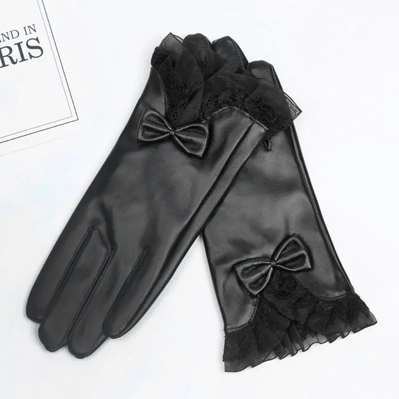 Elegant Lady Glove Lace Bowknot Winter Warm Women Faux Leather Full Finger Ski Gloves Warm Driving Motorcycle Gloves 3