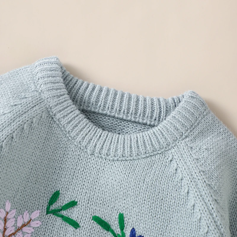 Embroidery Bird Print Baby Girls Long Sleeve O-neck Sweaters Skin-friendly Knitwear Infant Sweatshirt